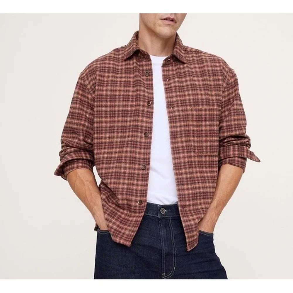 Banana Republic Mens Shirt Overshirt NEW RELAXED FIT FLANNEL Plaid Red Large